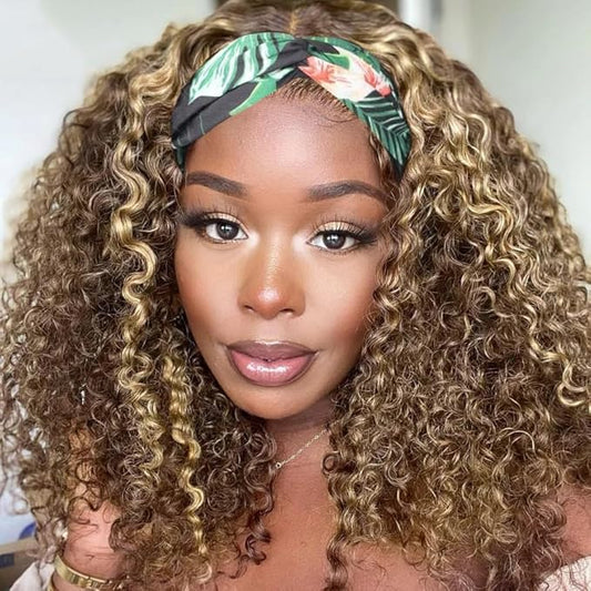 XSY Headband Wig Human Hair Highlight Ombre kinky Curly Headband Wigs for Women Human Hair Glueless None Lace Front Curly Brazilian Virgin Hair Wear and Go 14 Inch