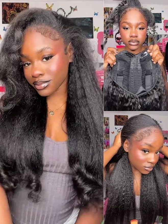 Julia Hair EasiContour V Part Kinky Straight Wigs Human Hair Glueless Yaki Straight Vpart Wig Clip in Half Wigs No Leave Out Real Scalp Upgrade U Part Kinky Wig Beginner Friendly Natural Black 18 Inch