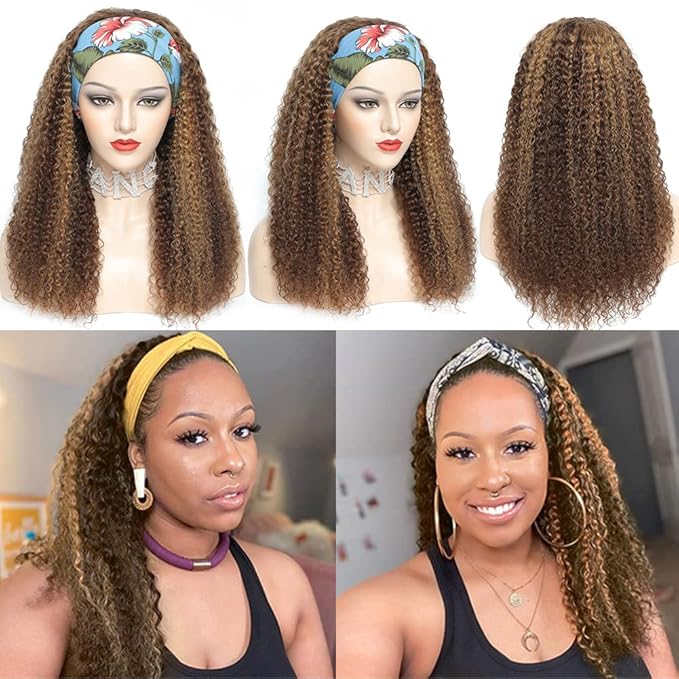Eooma #4/27 Omber Headband Wig Human Hair 180% Density Curly Wigs for Black Women 10A Brazilian Curly Human Hair Headband Wigs Scarf No Gel Gluelees 22 Inch Remy Hair
