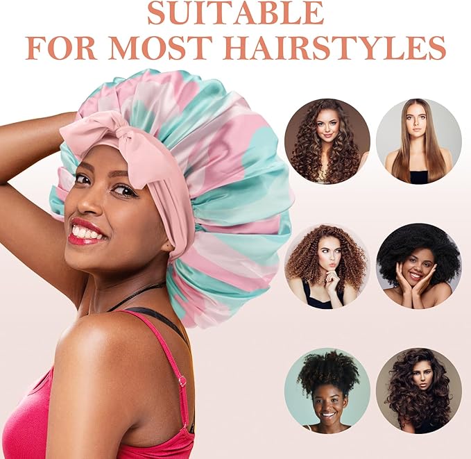 3Pcs Bonnets for Sleeping, Extra Satin Silk Bonnet for Sleeping Women with Tie Band for Curly Hair Jumbo Bonnet Braids