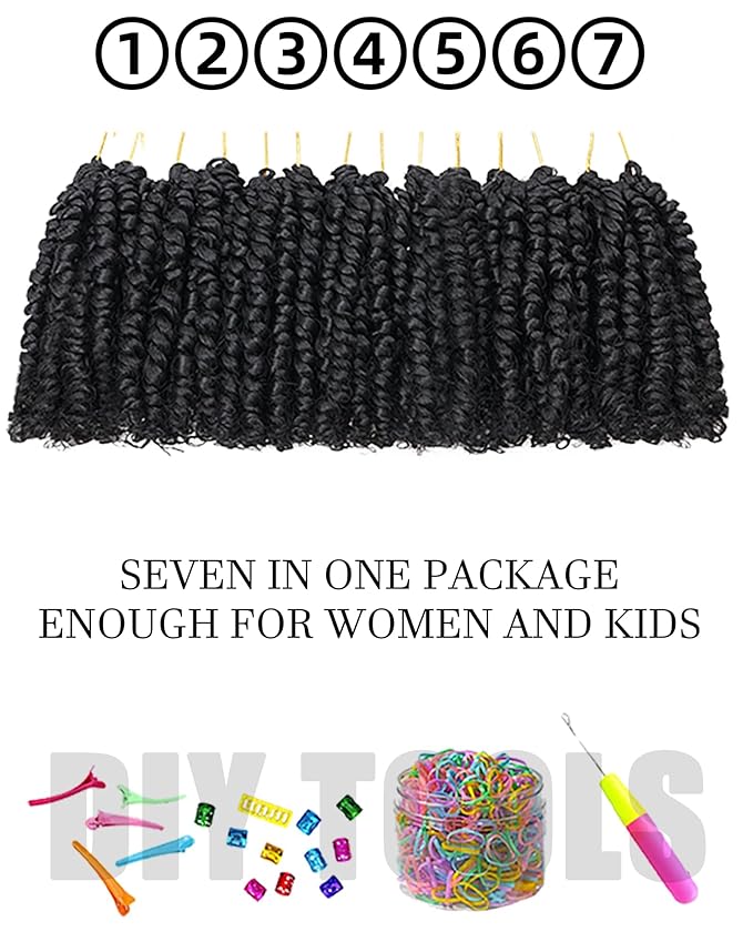4 Inch 7 Packs Super Short Passion Twist Crochet Hair for Black Women and Kids-Natural Black Pre Looped Pretwisted Soft Hair Extensions,Braided by Synthetic Spring Kinky Twist Bohemian Curl(4"-7P,1B#)