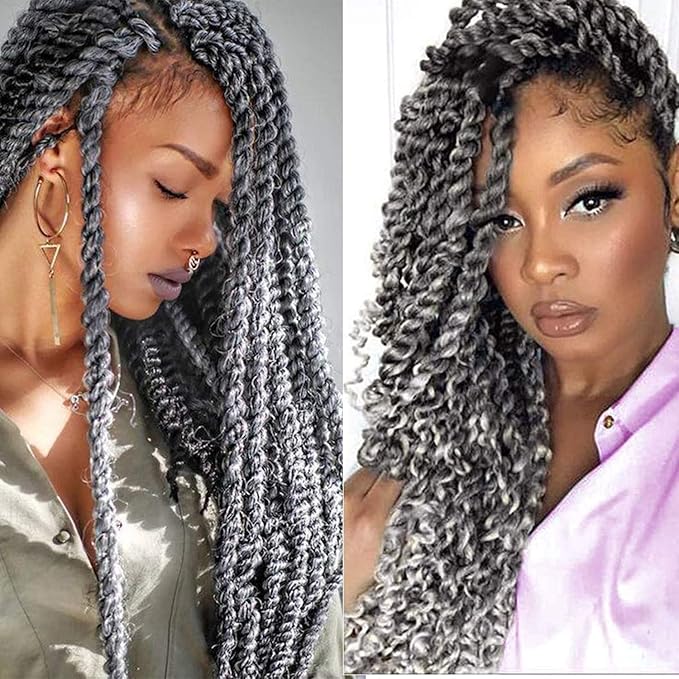 18 Inch Passion Twist Hair, Ombre Silver Water Wave Crochet Hair Passion Twist Crochet Hair for Women Long Bohemian Synthetic Curly Braiding Hair Extensions Passion Twist Braiding Hair (7pcs,1B/Gray)