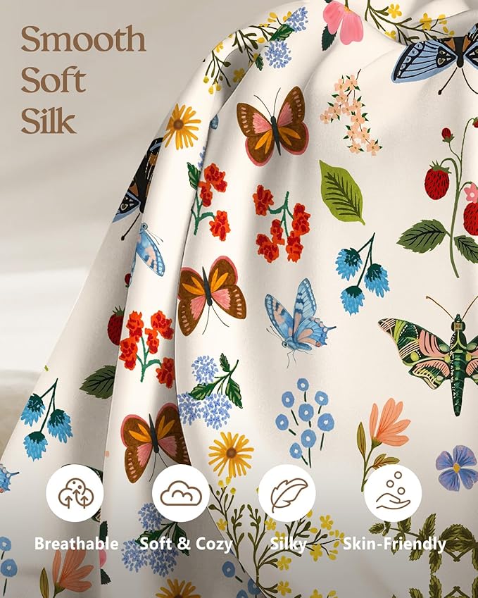 Silk Pillowcase 2 Pack - Cute Pillow Cases 20" x 26" Standard Size Set of 2 for Hair and Skin Smooth Soft Breathable with Hidden Zipper Cooling Pillow Covers for Sleeping, Butterfly Leaf