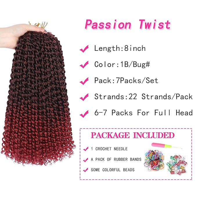 8 Inch Passion Twist Hair, Short Ombre Burgundy Water Wave Crochet Hair Passion Twist Crochet Hair For Women Passion Twists Braiding Hair Curly Braiding Hair Extensions (8 Inch (Pack of 7),1B/Bug)