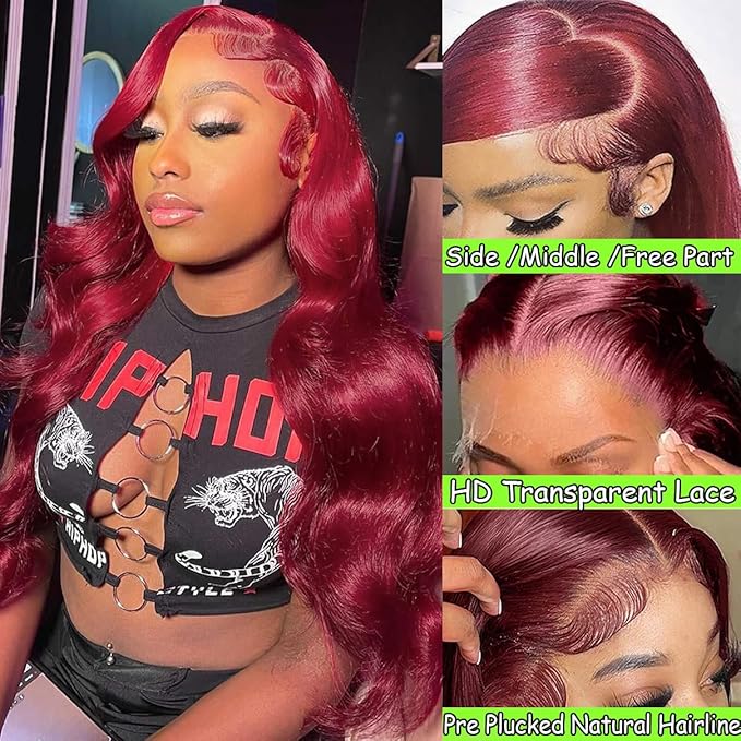 28 Inch 99j Burgundy Lace Front Wigs Human Hair Glueless Wine Red Colored Body Wave Wigs Pre Plucked with Baby Hair 180 Density 13x6 HD Transparent Frontal Wigs for Women