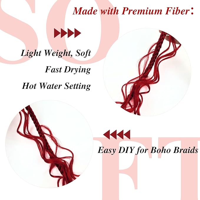 Red Boho Braiding Hair Pre stretched Hypoallergenic Synthetic Braiding Hair Yaki Texture Curly Bohemian Braids