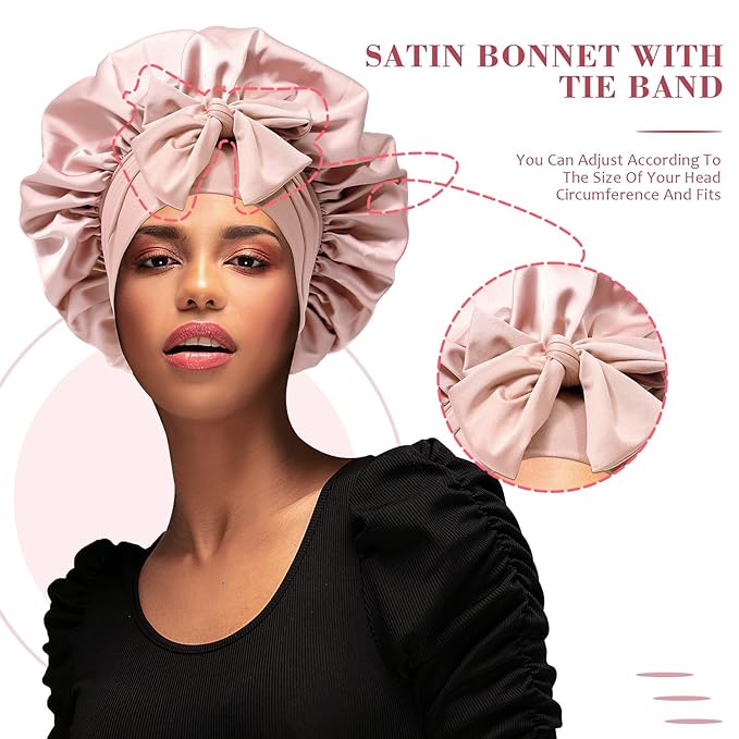 Satin Hair Bonnet with Wide Band Silk Sleeping Bonnets Hair Wrap for Women Girls Night Cap with Tie Band Satin Bonnet (Light Pink)