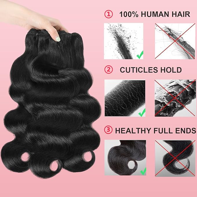 Body Wave Bundles Human Hair Brazilian Hair 3 Bundles Human Hair for Women 22 24 26 Inch 12A Grade 100% Unprocessed Body Wave Bundles Hair Extensions Natural Black