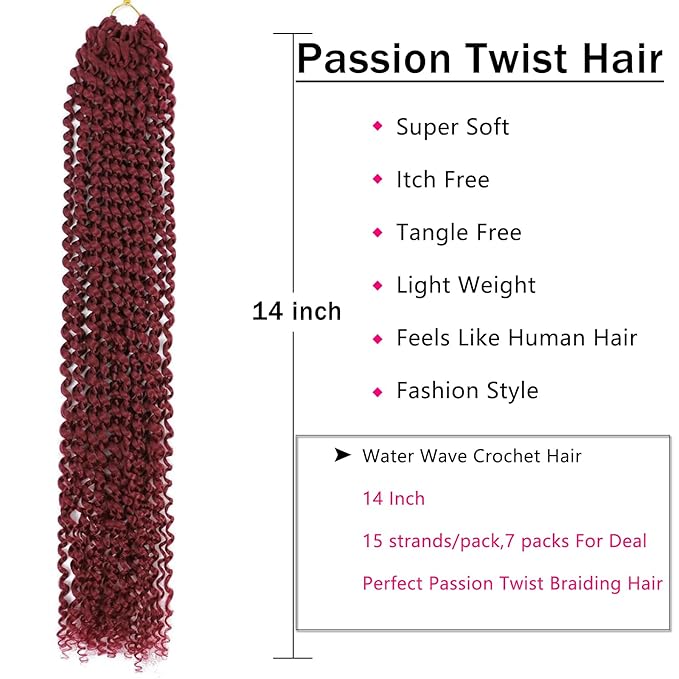 Burgundy Passion Twist Hair,14 Inch 7 Packs Water Wave Crochet Hair Wrap Braiding Hair For Passion Twist Crochet Hair/Butterfly Locs/Spring Twist Crochet Hair Braids (14in,7pcs,burgundy#)