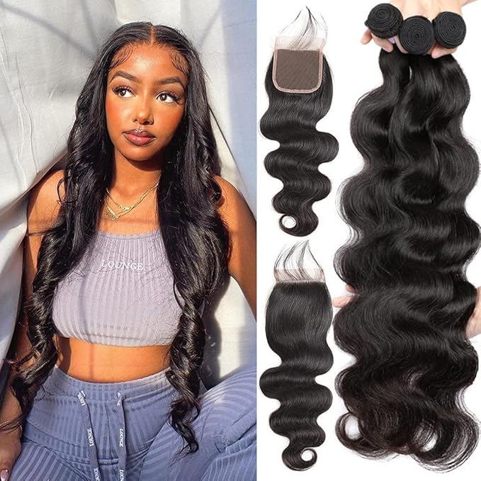 Aopusi Bundles and Closure Body Wave Bundles with Closure (20 22 24+18，Free Part) 3 Bundles with Lace Closure 100% Brazilian Virigin Human Hair Weave Natural Color