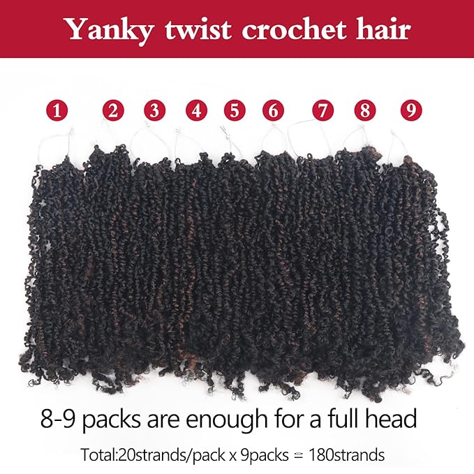 Yanky Twist Crochet Hair, PILLUGER Yaki Twists Hair Micro Spring Twist Braids,9 Packs Pre-looped passion Twist Brown Senegalese With Curls Crochet Synthetic Hair Extensions(1B/H/30)