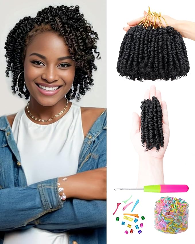 Pre-Twisted Passion Twist Crochet Hair for Black Women and Kids,Passion Twist Hair Pre Looped Bohemian Braids 4 Inch 8 Packs Short Bob Spring Twist Curly Braiding Crochet Hair Extensions(4"-8P,1B)