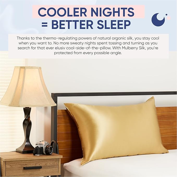 Blissy Silk Pillowcase - 100% Pure Mulberry Silk - 22 Momme 6A High-Grade Fibers - Silk Pillow Cover for Hair & Skin - Regular, Queen & King (Gold, King)