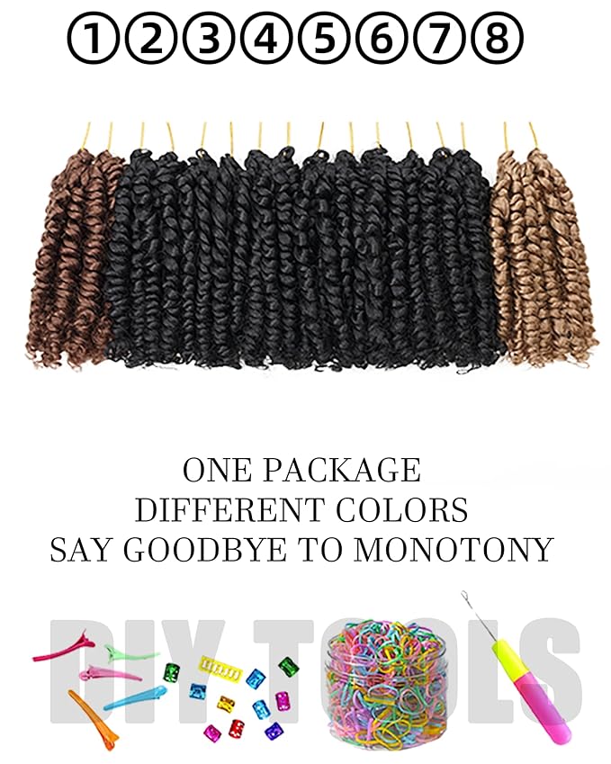 Passion Twist Crochet Hair- Mixed Colors Combo Pack,4 Inch 8 Packs Pre Looped Pretwisted Super Short Crochet Hair Extensions Braided by Synthetic Spring Kinky Twist Bohemian Curls(1B+27#+30#)