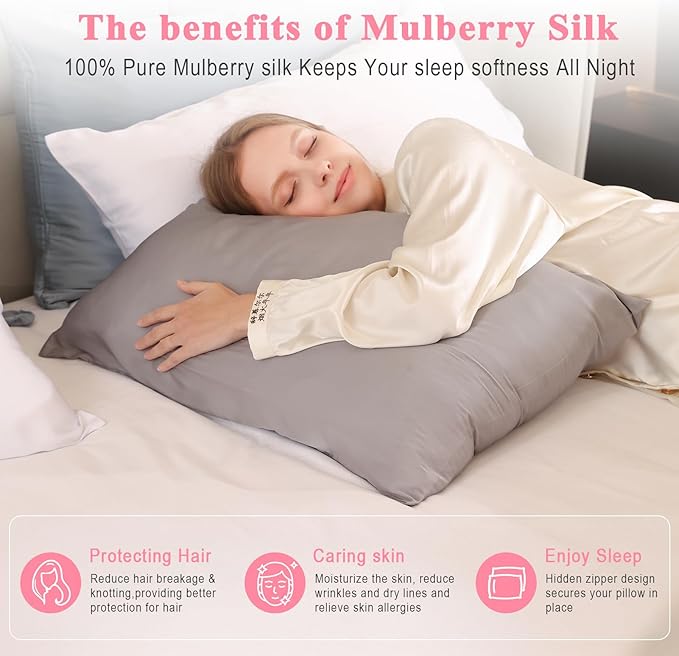 100% Pure Silk Pillowcase 2 Pack for Hair and Skin, Both Sides 23 Momme Grade 6A+ Mulberry Silk Pillowcases with Hidden Zipper, Soft&Smooth Cooling Pillow Cases (Gray, Standard 20x26)