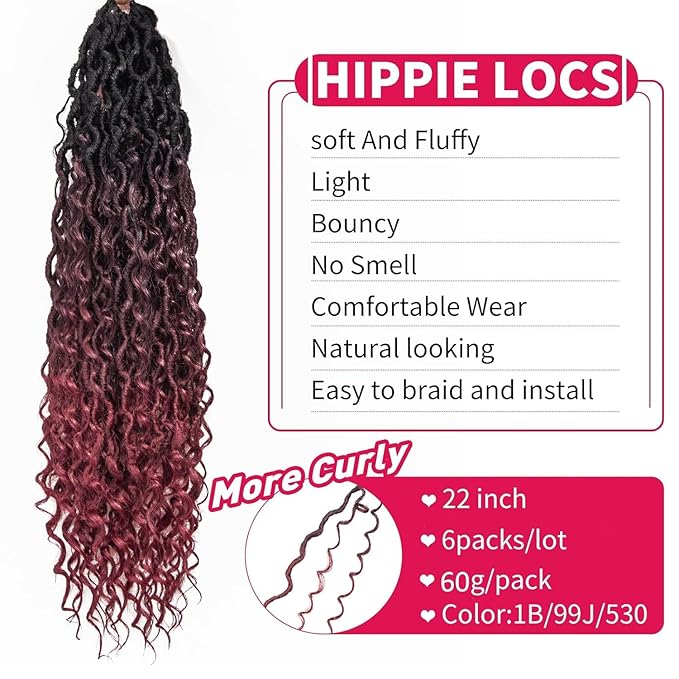 Goddess Locs Crochet Hair 22Inch Crochet Locs,6Packs Boho FauxLocs With Curly Ends River Hippie Bohemian Loc Crochet Braids for Black Women (1B/99J/530, 22inch)