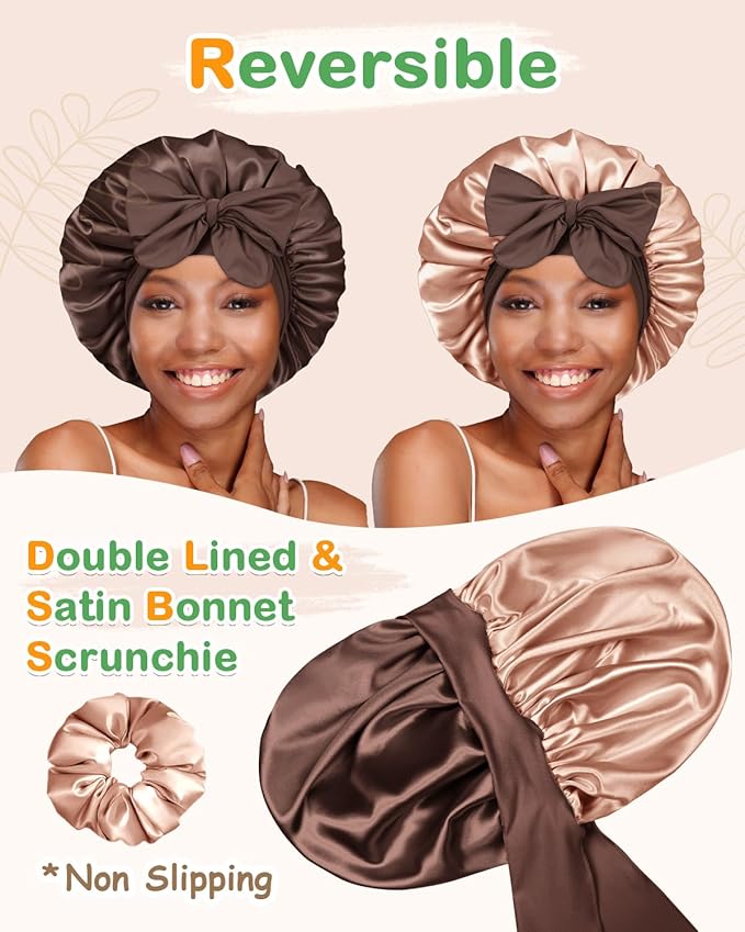 BONNET QUEEN Silk Bonnet for Sleeping Women HYALURONIC Acid Reversible Double Layer Satin Bonnet Night Sleep Cap Wrap for Curly Hair with Adjustable Tie Band & Scrunchie, Champagne & Brown