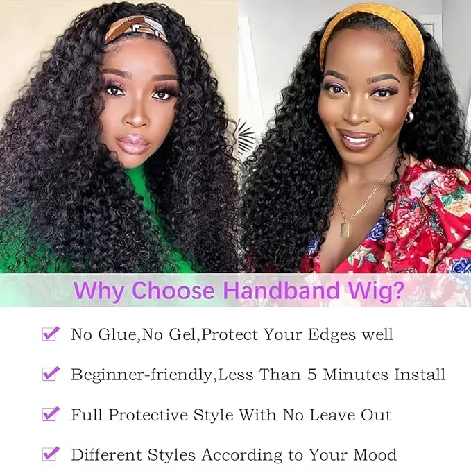 Curly Headband Wig Human Hair 12 Inch Water Wave Headband Wigs for Black Women Glueless Brazilian Virgin Deep Wave Human Hair Headband Wig Natural Color