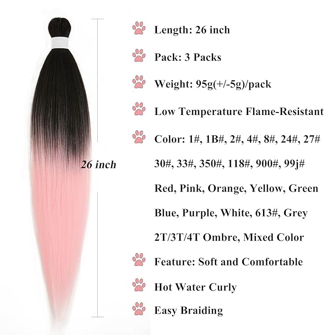 Pink Ombre Braiding Hair Pre Stretched 26 Inch Easy Braid Braiding Hair Extensions for Box Braids Knotless Crochet Jumbo Kids Micro Braiding Hair Ombre 3 Pack