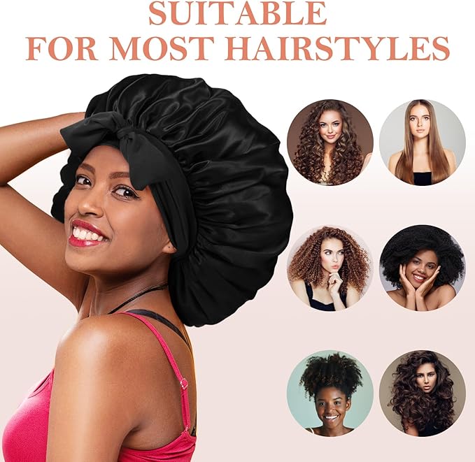 3Pcs Bonnets for Sleeping, Extra Satin Silk Bonnet for Sleeping Women with Tie Band for Curly Hair Jumbo Bonnet Braids