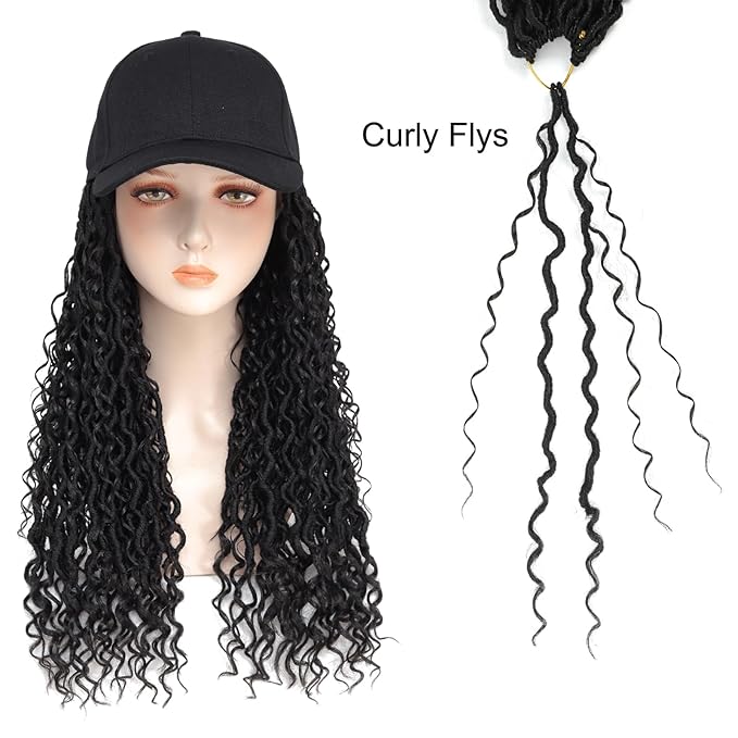 Braided Baseball Cap Wig Faux Locs Curly Braid Hair Extensions with Hat Black Color Synthetic Cap Wig with 18inch Long Locs Braiding Hair wig for Women (18inch 1B)
