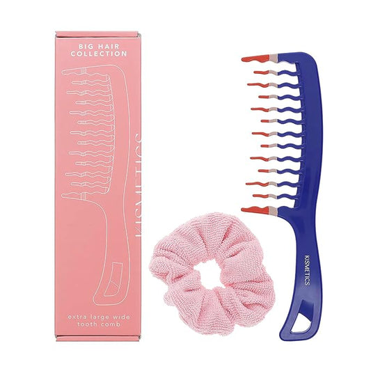 Big Hair Tools Extra Large Wide Tooth Comb for Thick, Curly, Wavy or Long Hair - Frizz-Free Detangling Shower Comb - Big Hair Comb and Microfiber Scrunchie