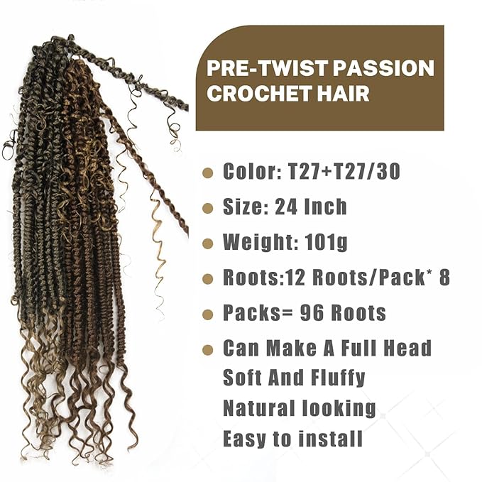 Passion Twist Hair 24inch Passion Twist Crochet Hair Long Bohemian Braiding Hair Pre Looped Passion Twist Crochet Braids Soft Pre Looped Curly Crochet Hair Faux Locs Passion Twist Hair for Women 96pc