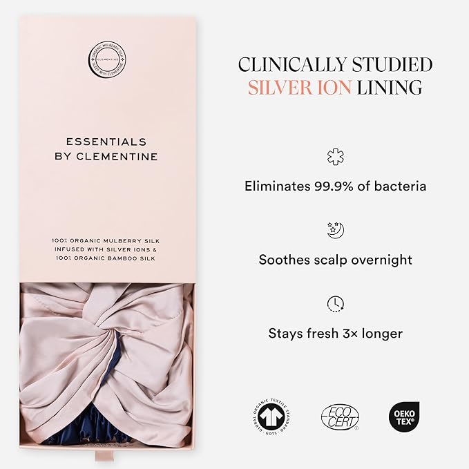 Essentials by Clementine Organic Hair Bonnet in Ballet Pink | Silver Ion Silk Lined Bamboo Sleep Cap for Frizz-Free, Curly Hair, and Scalp Health