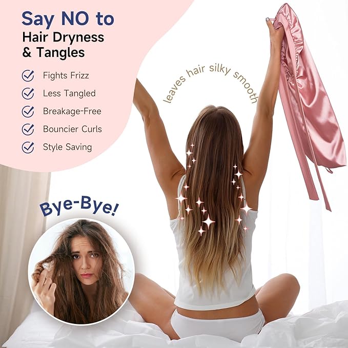 Umisleep Silk Bonnet for Sleeping Women, 22 Momme Mulberry Real Silk, Long Hair Bonnet for Braids & Curls to Reduce Frizz, Double Layer Hair Wrap with Soft Adjustable Tie Band, Pink