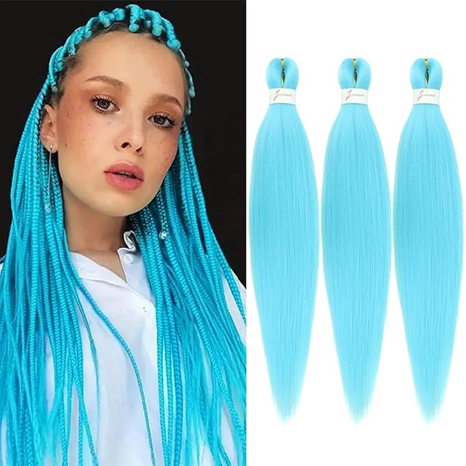 Dorsanee Light Blue Braiding Hair Pre Stretched 24 Inch 3 Packs Braiding Hair Extensions for Box Braids Twists Locs Hair Soft Yaki Texture Hot Water Setting (#Light Blue)