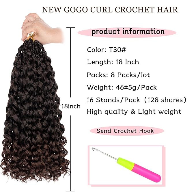 XTREND 18 Inch Gogo Curl Crochet Hair, 8 Packs, Pre-looped Ocean Wave, Beach Curl, Bohemian Water Wave, Curly Synthetic Braiding Hair for Women, 16Strands/pack, T30#