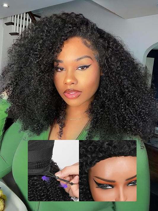 Kinky Curly Half Wig Human Hair 200% Density Wear Go Glueless Wigs Human Hair 3 In 1 Drawstring Seamless Flip Over Wig for Women Daily Wear Headband Wig Beginner Friendly Black (20inch)