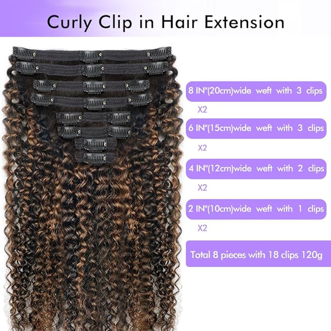 FB30 Highlight Ombre Curly Clip In Extension Human Hair 3C 4A Kinky Curly Clip Ins Full Head for Black Women Brazilian Remy Human Hair Balayage Brown 8Pcs with18clips 120g/Set (18 inch)