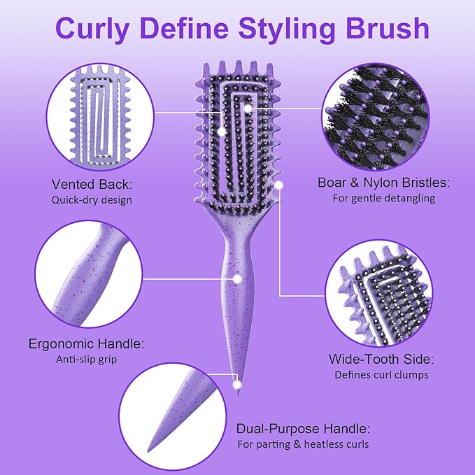 2-Pack Curly Hair Brush, Curl Defining Brush with Soft Boar Bristles Detangling Tangled Glides, Wide-Teeth Design Effortlessly Shaping & Defining Curls, Curling Definer for Wet & Dry Hair(Pink Purple)