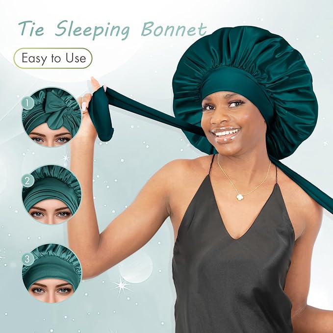 BONNET QUEEN Silk Bonnet for Sleeping Women Big Satin Bonnet Night Sleep Cap Wrap for Curly Hair with Adjustable Tie Band, Single Layer, Large, Darkish Green