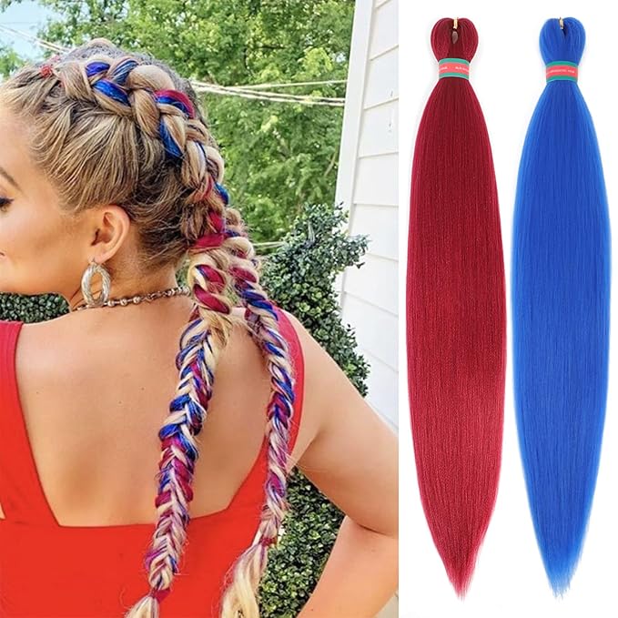 Rose Red+Blue Pre stretched Braiding Hair 2 Packs Pre feathered Braid Hair Extensions 30 Inches Hair Braids