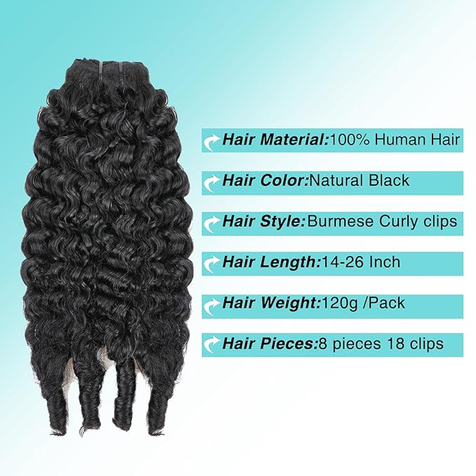 Burmese Curly Clip In Hair Extensions Real Human Hair 8pcs 120g/Set Spirally Curly Classic Clips Ins Full Head For Black Women 14 Inch Natural Black