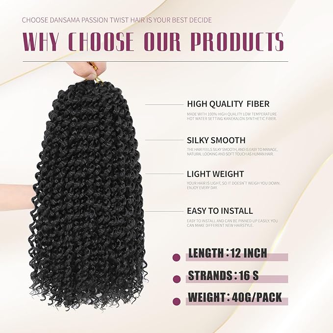 Dansama 6 Packs Passion Twist Hair Water Wave Braiding Hair for Butterfly Style Crochet Braids Bohemian Hair Extensions (12inch, #1B, Economy Pack)