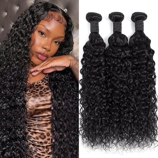 26 28 30 Inch Water Wave Human Hair Bundles Brazilian Virgin Human Hair Bundles 12A Deep Water Wave Bundles 100% Real Human Hair Extensions Natural Black