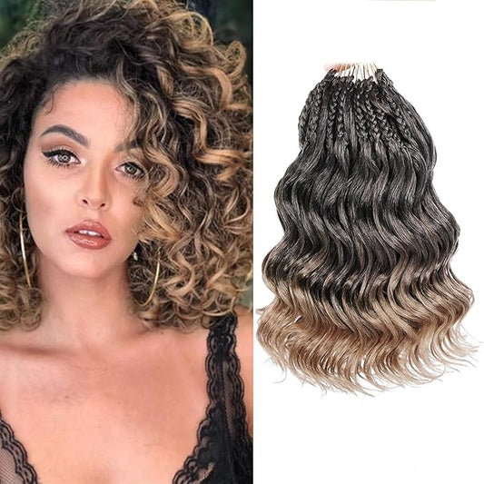 Leeven 10 Inch 8 Packs Ocean Wave Crochet Hair Pre Looped Ombre Honey Blonde Boho Curly Crochet Hair Short Ocean Braids Pre Twisted Synthetic Deep Wavy Crochet Hair for Women #T27