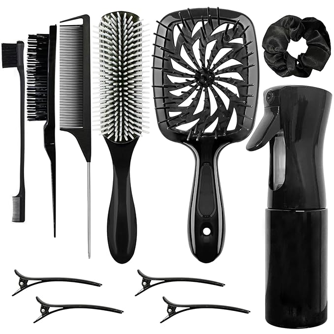 11 Pcs Hair Brush Set, Detangle Hair Brush And Spray Bottle, 3 Pieces Smooth Hairbrush For Toddlers, Suitable For Wet and Dry Hairstyles, Suitable For Adults And Children(Black)