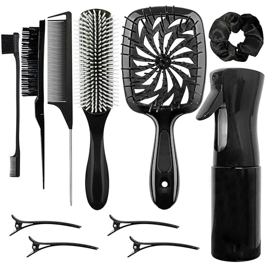 11 Pcs Hair Brush Set, Detangle Hair Brush And Spray Bottle, 3 Pieces Smooth Hairbrush For Toddlers, Suitable For Wet and Dry Hairstyles, Suitable For Adults And Children(Black)
