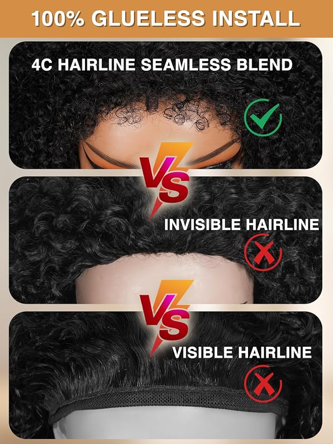 Kinky Curly Half Wig Human Hair Upgrade 4C Edge Hairline 200% Density Wear Go Glueless 3 In 1 Drawstring Seamless Flip Over Wig for Women Daily Wear Headband Wig Beginner Friendly (18 inch)