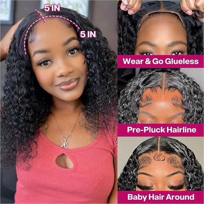 Curly Bob Wig Human Hair Deep Wave Glueless Wigs Human Hair Pre Plucked Pre Cut 5x5 Wear And Go Glueless HD Lace Closure Wigs Human Hair For Black Women 200% Density Black Color 14 Inch