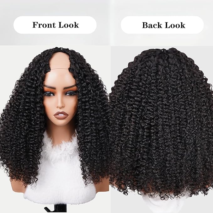 ISEE V Part Human Hair Kinky Curly Minimal/No Leave Out Upgrade U Part Wig for Black Women Human Hair V Shape Wig Kinky Curly Thin Part Glueless Clip In Half Wig 180% Density Natural Color 24 Inch