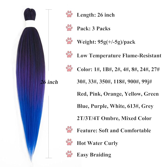 Pre Stretched Braiding Hair Ombre Black Purple Blue Braiding Hair Pre Stretched 26 inch 3 packs Colored Crochet Hair Extensions for Box Braids