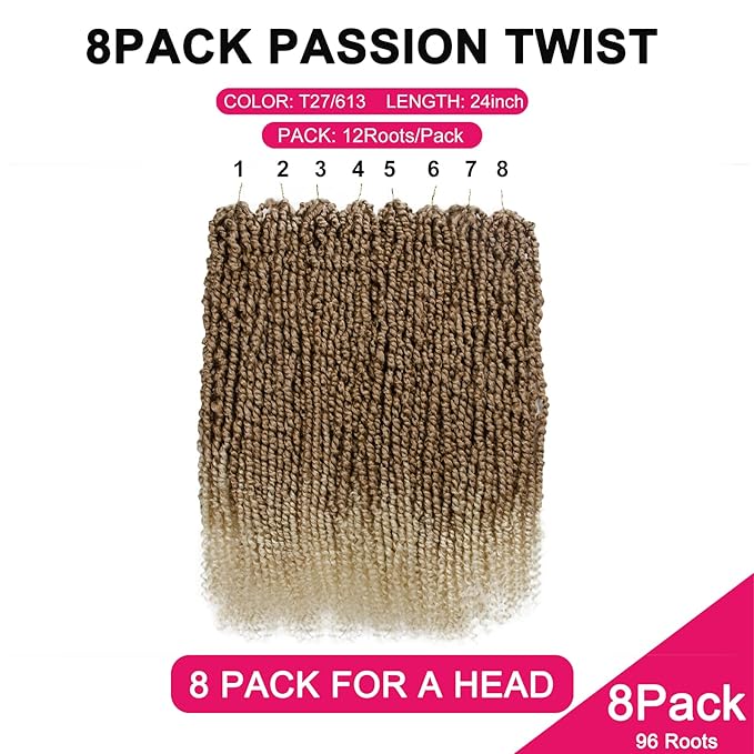 Passion Twist Hair - 8 Packs 24 Inch Passion Twist Crochet Hair For Women, Crochet Pretwisted Curly Hair Passion Twists Synthetic Braiding Hair Extensions (24 Inch 8 Packs, T27/613)