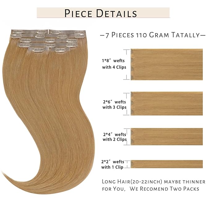 Caliee Seamless Hair Extensions Clip in Human Hair PU Skin Weft Full Head Natural Real Hair Not Tangled 16Inch 7Pcs Thick Remy Hair Color 27 Caramel Blonde Clip in Hair Extensions 110G