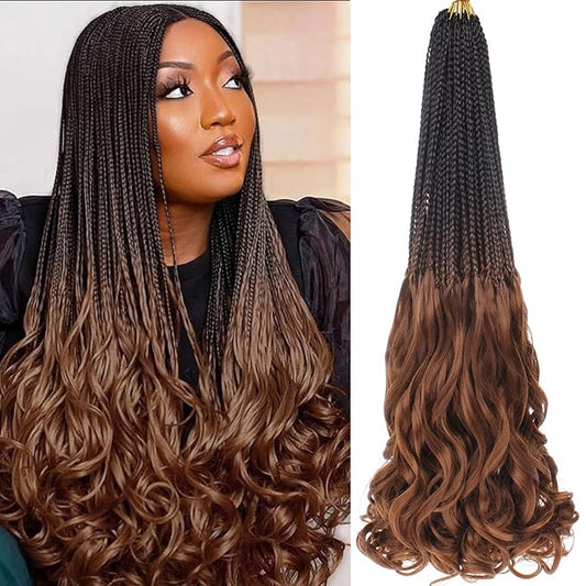 9 Packs French Curl Crochet Braids 24 Inch Pre Looped Crochet Box Braids with Curly Wavy Ends Ombre Brown Synthetic Bohemian Braiding Hair Extensions for Women…