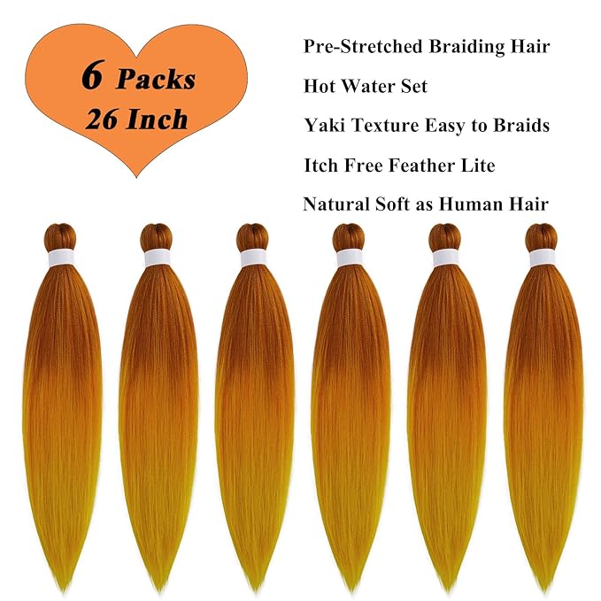 Ombre Braiding Hair Pre Stretched Color Ginger Golden Orange Crochet Braids Hair Extensions for Braiding Hypoallergenic Knotless Pre-Stretched Braiding Hair Ombre 26 Inch